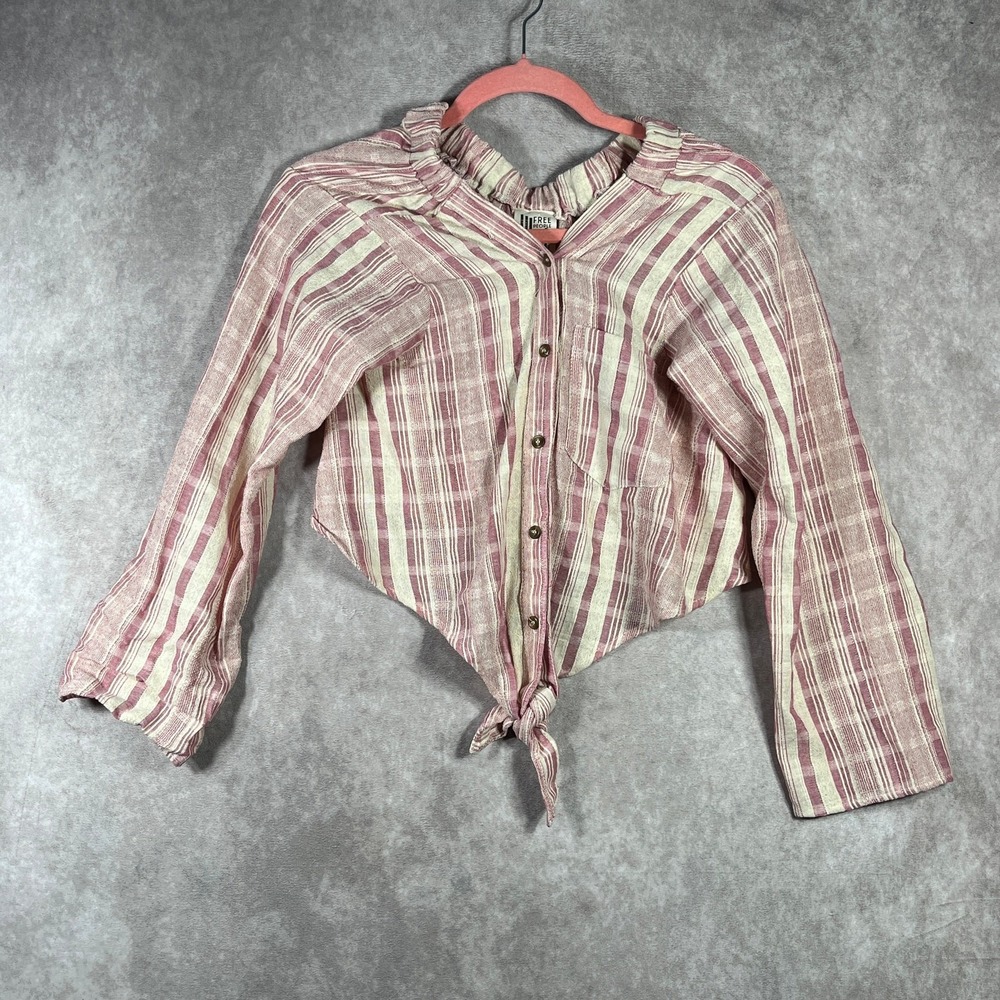 Free People Top Womens Medium Pink Plaid Button Up Long Sleeve Cropped Boho